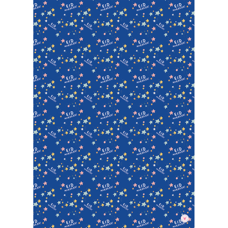 Blue Star Repeat Eid Mubarak Wrapping Paper - 70x50cm (5 Sheets)