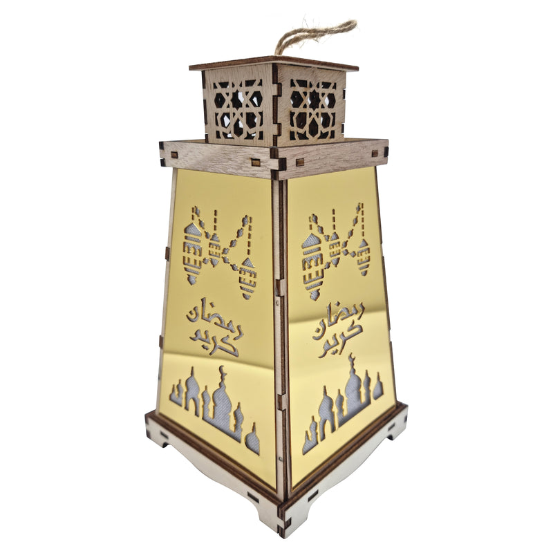 Set of 2 Wooden Shabby Chic Table / Hanging Lantern Decoration - Natural / Gold Arabic Skyline Cut Out