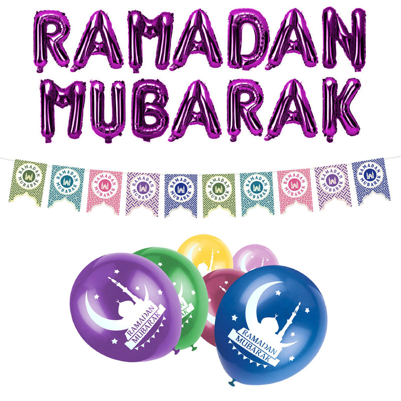 Purple Ramadan Mubarak Foil Balloon, Bunting & Balloon Set 4/21