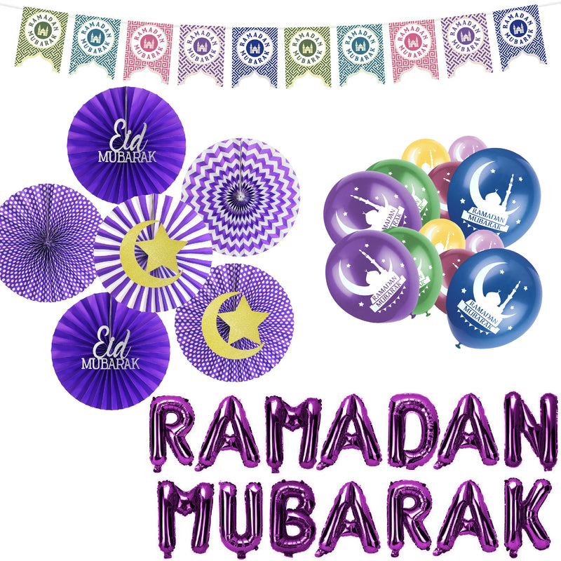 Purple, Gold & Multicolour Ramadan Mubarak Fan, Bunting & Balloon Set 8/21
