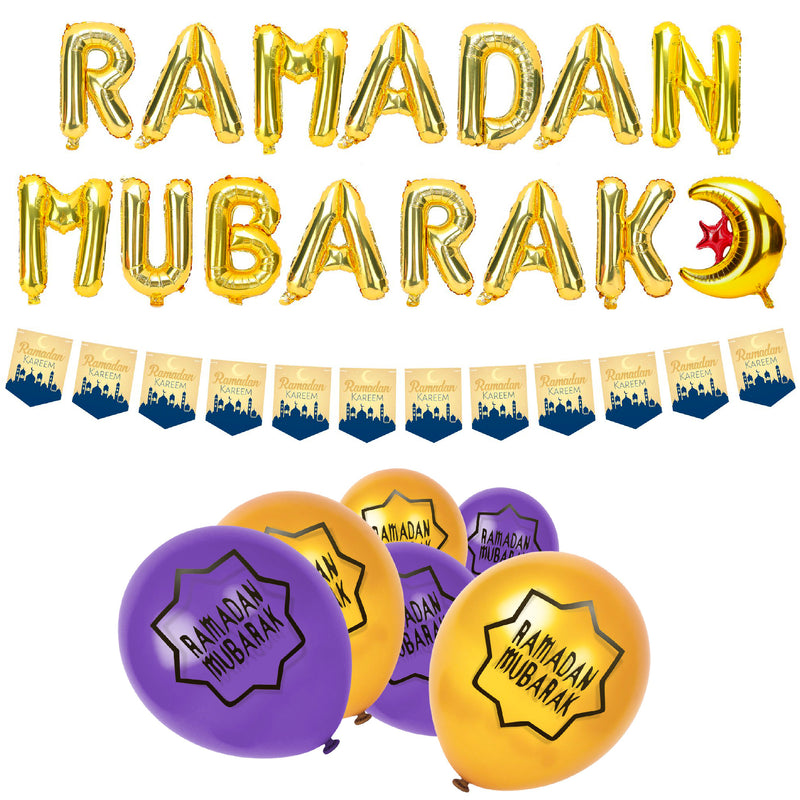 Purple & Gold Ramadan Mubarak Foil Balloon, Bunting & Balloon Set 24/21