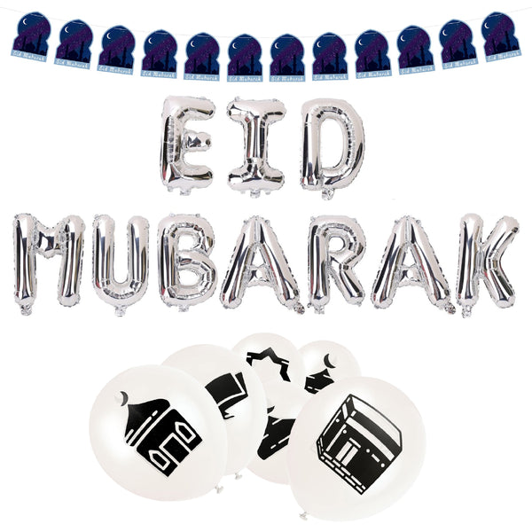 Silver, Blue & White Eid Mubarak Bunting & Balloon Set 25/21