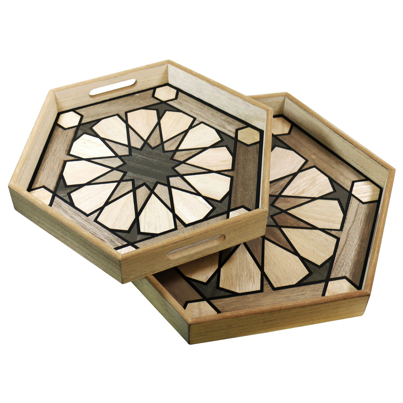 Set of 2 Hexagonal Wooden Inlay Ramadan Iftar Serving Trays