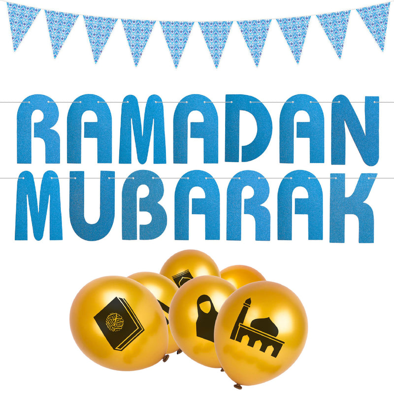 Blue & Gold Ramadan Mubarak Ottoman Bunting & Balloon Set 21/21