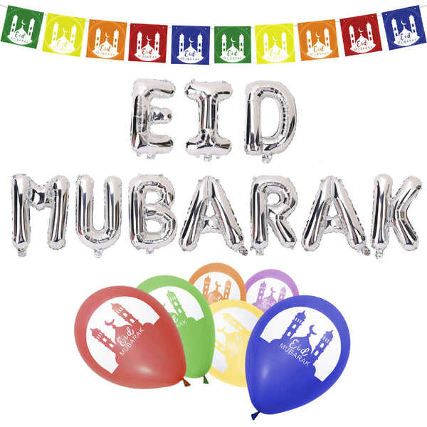 Silver & Multicoloured Eid Mubarak Bunting & Balloon Set 26/21