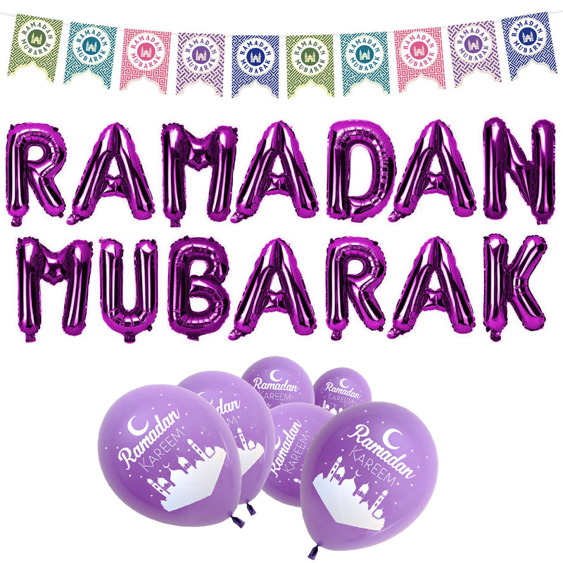 Purple & Multicolour Ramadan Mubarak Bunting & Balloon Set 19/21