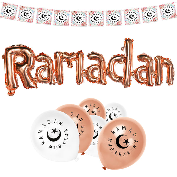 Rose Gold & White Ramadan Mubarak Bunting & Balloon Set 16/21
