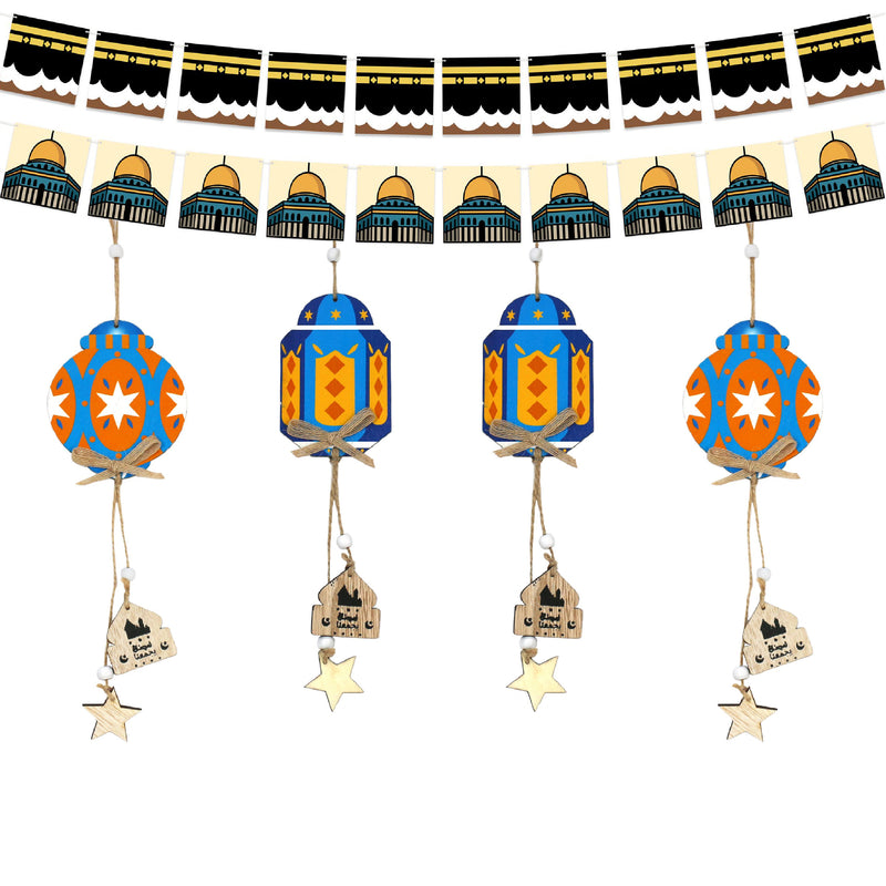 'Kaaba' & 'Masjid Qubbat al-Sakhrah' Card Bunting & Orange/Blue Wooden Hanging Set 40/21