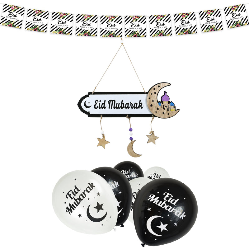 Black & White 'Eid Mubarak' Wooden Sign, Bunting & Balloon Set 38/21