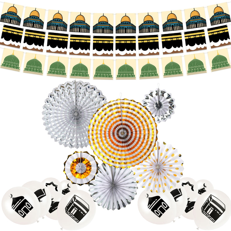 Gold, Silver & White Ramadan Mubarak Fan, Bunting & Balloon Set 10/21