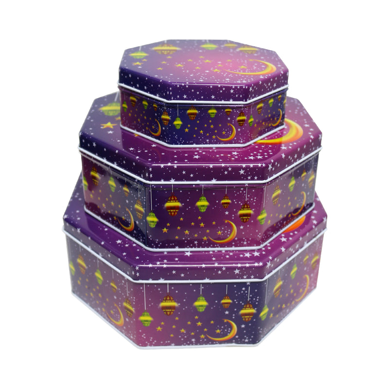 Set of 3 Purple Hexagon Small, Medium & Large Moon & Lantern Decorative Iftar Treat Tins