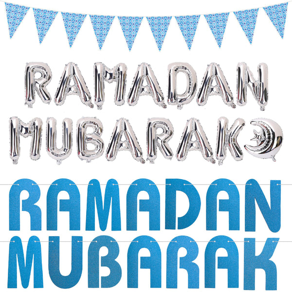 Silver & Blue Ramadan Mubarak Bunting & Balloon Set 17/21