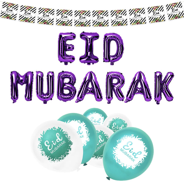 Purple, White & Teal Eid Mubarak Bunting & Balloon Set 27/21
