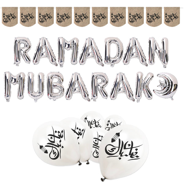 Silver, White and Hessian Ramadan Mubarak Foil Balloon, Bunting & Balloon Set 1/21