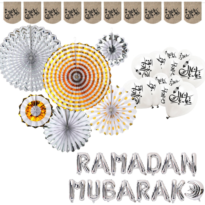 Silver, Gold, White & Hessian Ramadan Mubarak Bunting & Balloon Set 2/21