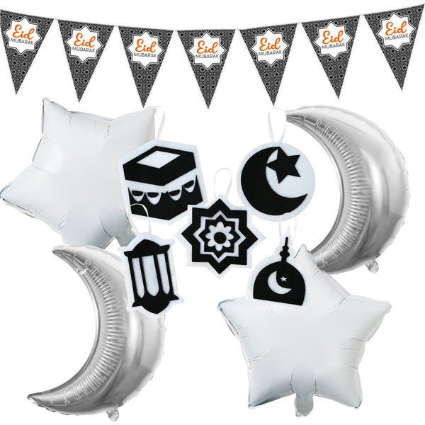 Eid al-Adha / Bakra / Kurban Bayram: Black Pattern Bunting, 5pc Felt Hanging Symbols & 4pc Silver Foil Moon & Star Balloons Decoration SET 44