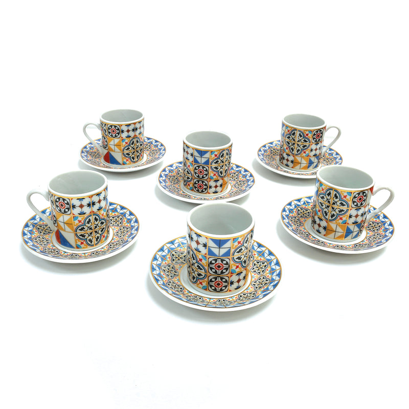 Set of 6 Ceramic Cups & Saucers - Blue / White & Multicolour Design