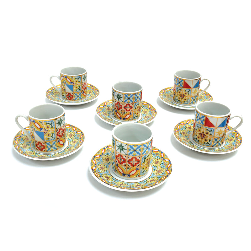 Set of 6 Ceramic Cups & Saucers - Multicolour Tile Design