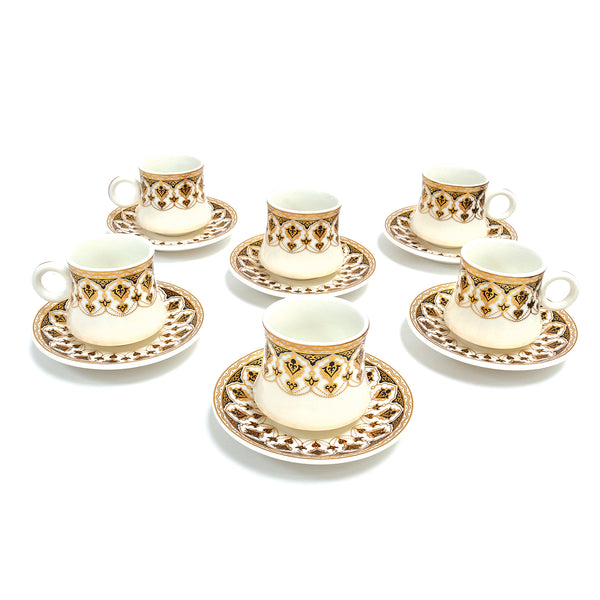 Set of 6 Ceramic Cups & Saucers - White, Black & Gold Ornate Repeat Pattern