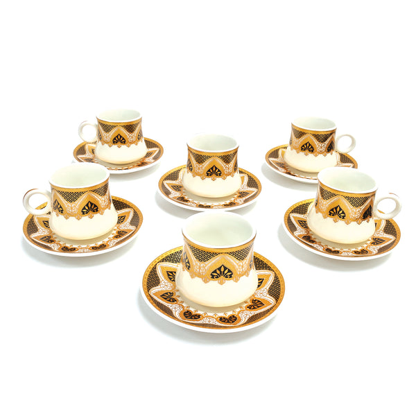 Set of 6 Ceramic Cups & Saucers -White, Gold & Black Leaf Pattern