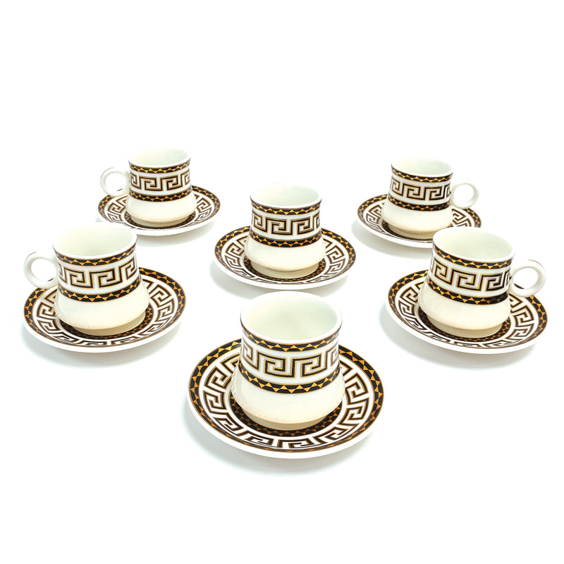 Set of 6 Ceramic Cups & Saucers - White, Black & Gold Geometric Pattern