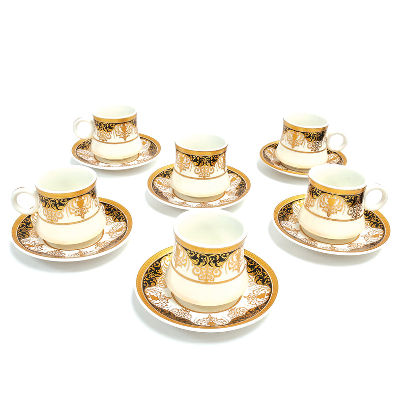 Set of 6 Ceramic Cups & Saucers -White, Gold & Black Floral Pattern