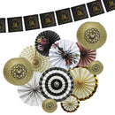 Vintage Style Paper Fans & Eid Mubarak Black Bunting & 4x Gold Paper Lantern Set