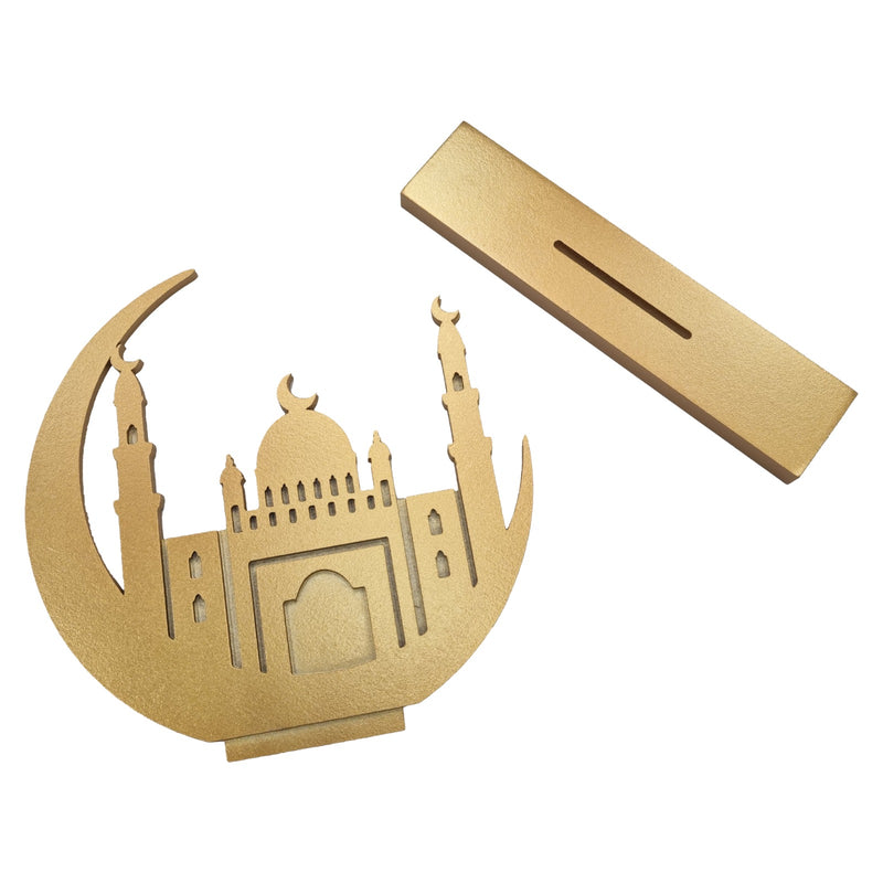 Matte Gold Wooden Crescent Moon & Mosque Table Centre Decoration