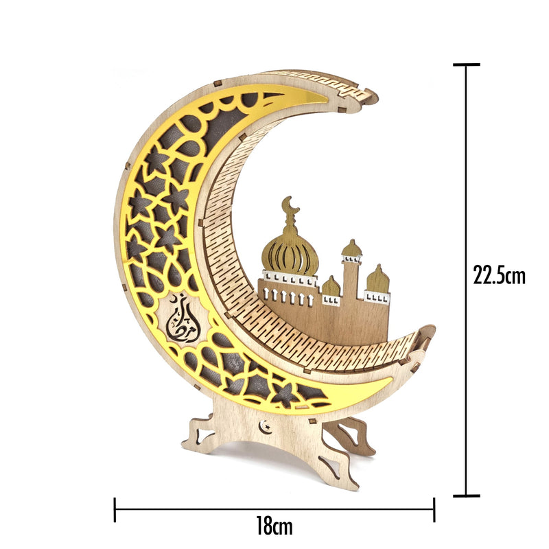 Pack of 2 Gold & Natural Wooden Cut Out Crescent Moon With Mosque Silhouette Table Centre Decoration
