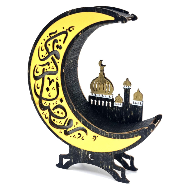 Pack of 2 Black & Gold Wooden Cut Out Crescent Moon With Mosque Silhouette Table Centre Decoration
