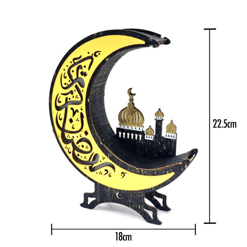 Pack of 2 Black & Gold Wooden Cut Out Crescent Moon With Mosque Silhouette Table Centre Decoration