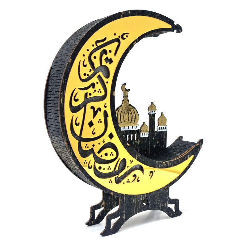 Pack of 2 Black & Gold Wooden Cut Out Crescent Moon With Mosque Silhouette Table Centre Decoration