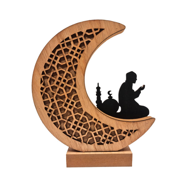 Natural Wooden Crescent Moon & Prayer Silhouette Design Table Centre Decoration