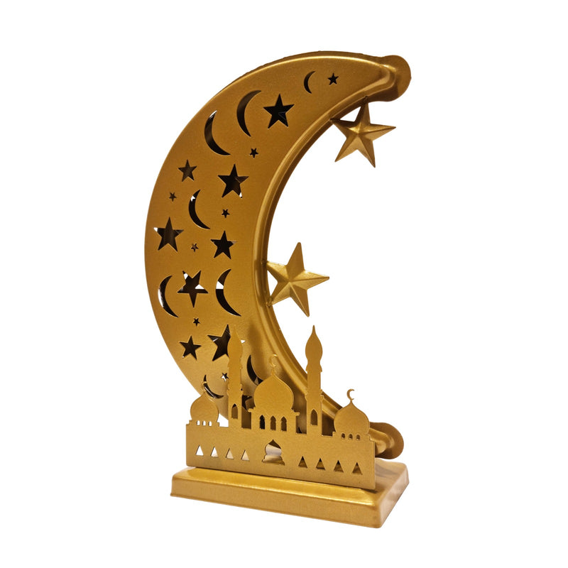Matte Gold Metal Crescent Moon Table Centrepiece - Stars & Moon Cutouts