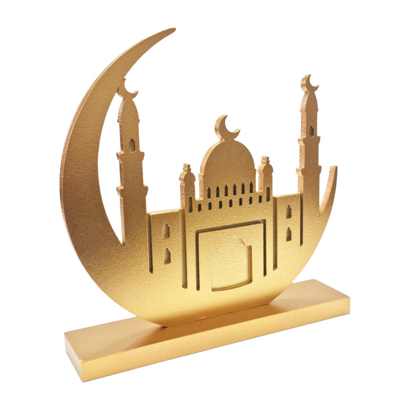 Matte Gold Wooden Crescent Moon & Mosque Table Centre Decoration