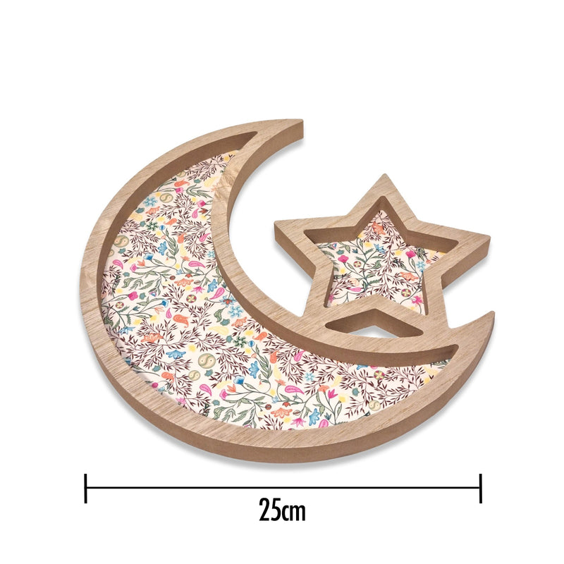 South Asia Pattern Wooden Crescent Moon & Star Eid/Ramadan Food Serving Tray