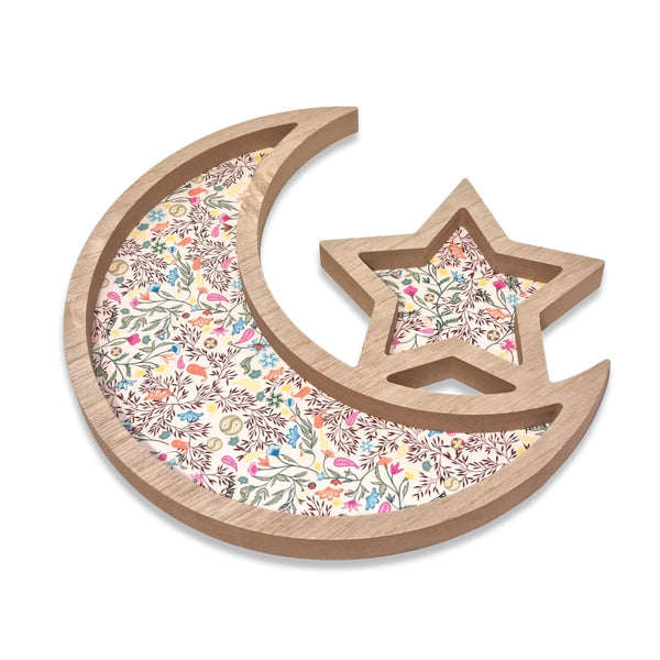 South Asia Pattern Wooden Crescent Moon & Star Eid/Ramadan Food Serving Tray