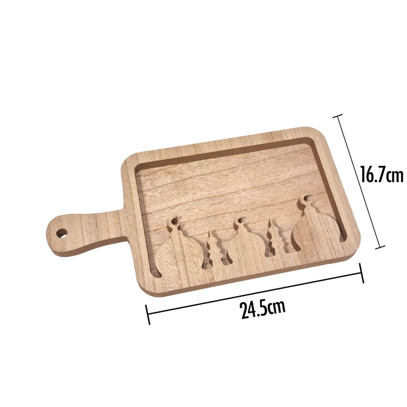 Rustic Natural Wooden Serving Tray w/ Handle - Islamic Architecture Silhouette
