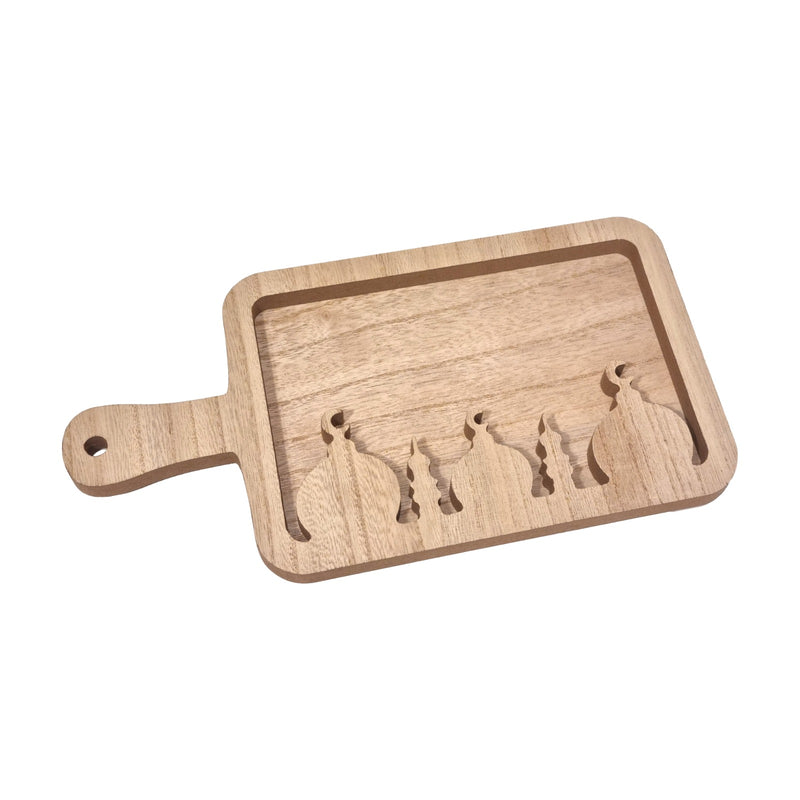 Rustic Natural Wooden Serving Tray w/ Handle - Islamic Architecture Silhouette