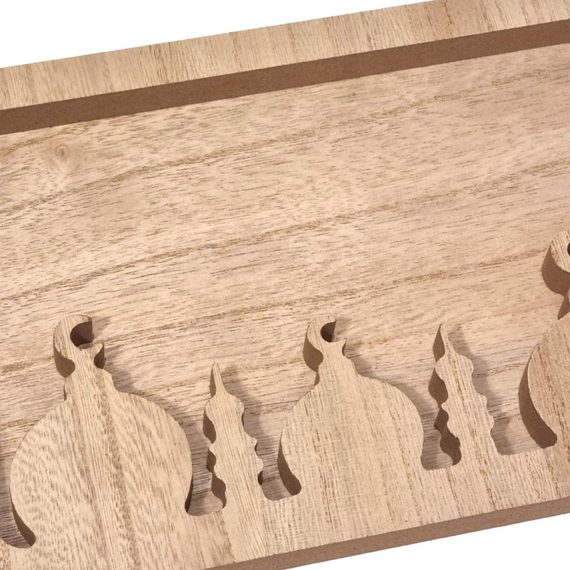Rustic Natural Wooden Serving Tray w/ Handle - Islamic Architecture Silhouette
