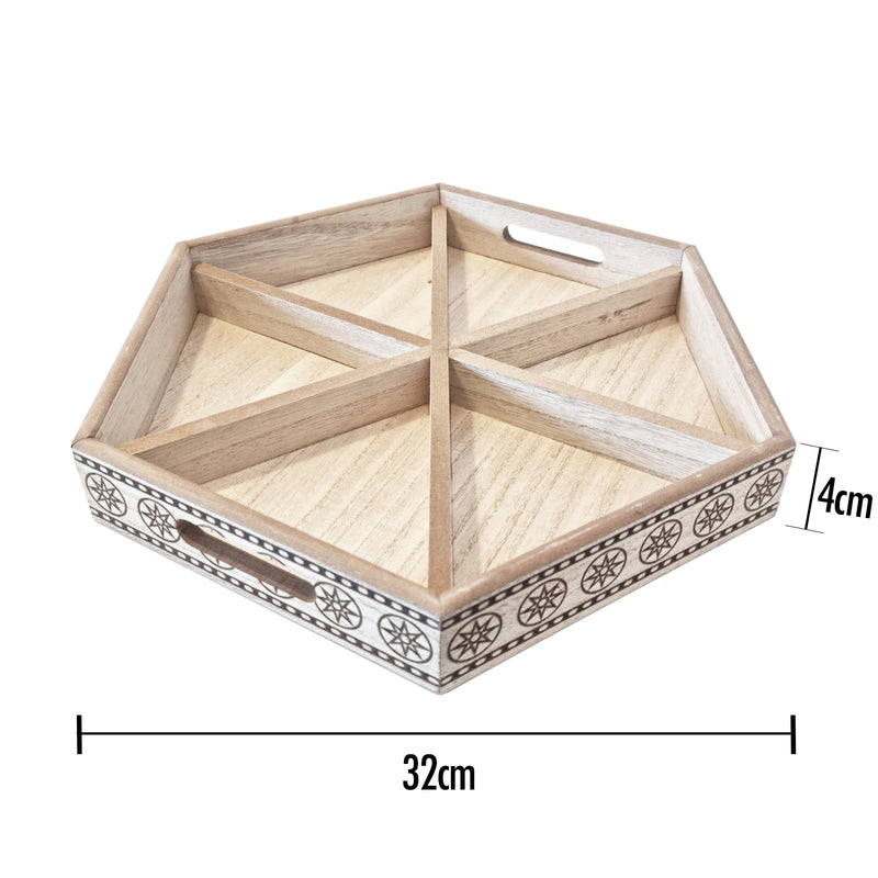 Wooden Hexagonal Star Pattern Food Serving Tray w/ 6 Sections