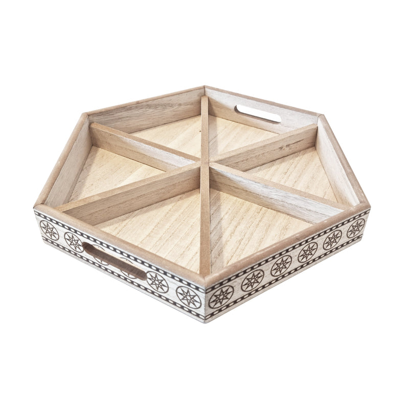Wooden Hexagonal Star Pattern Food Serving Tray w/ 6 Sections