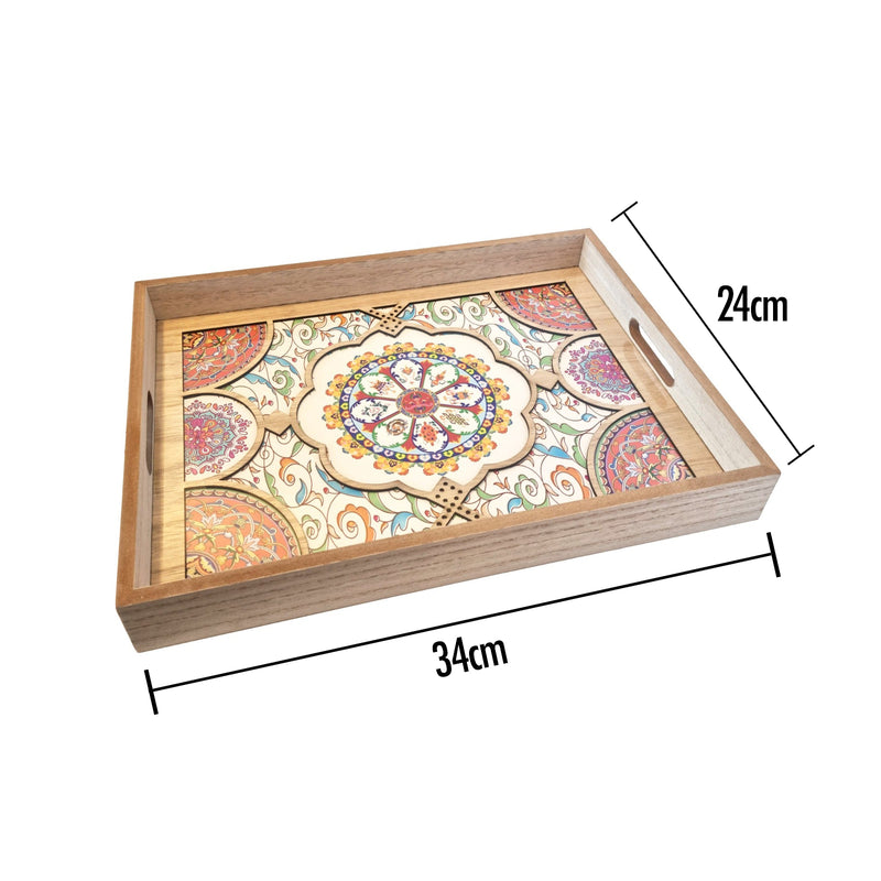 2pc Wooden Iftar Tray Set - Tea Serving Trays - Colourful Floral Inlay