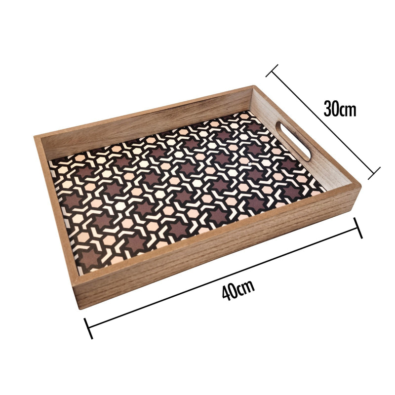 2pc Wooden Iftar Tray Set - Tea Serving Trays - Brown / Cream / White Geometric Star Pattern