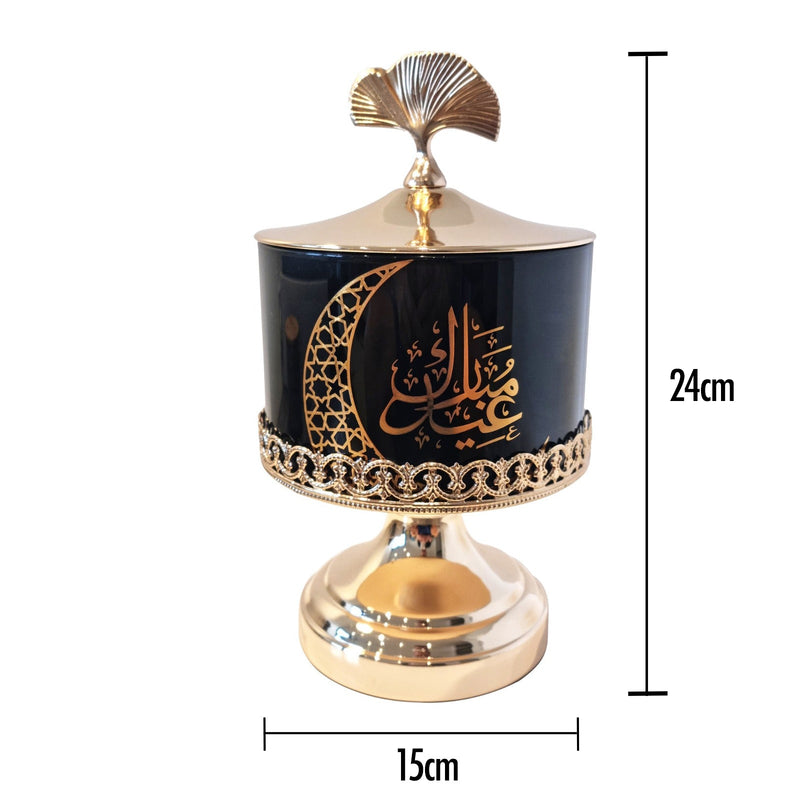 Black & Gold Ornate Iftar Tin w/ Lid + Handle - Eid Mubarak Moon - Medium