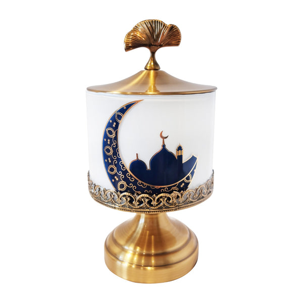 Tall White & Gold Ornate Iftar Tin w/ Lid + Handle - Moon & Mosque Design (JC008)