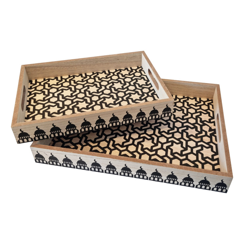 2pc Wooden Iftar Tray Set - Tea Serving Trays - Geometric Star & Mosque Silhouette
