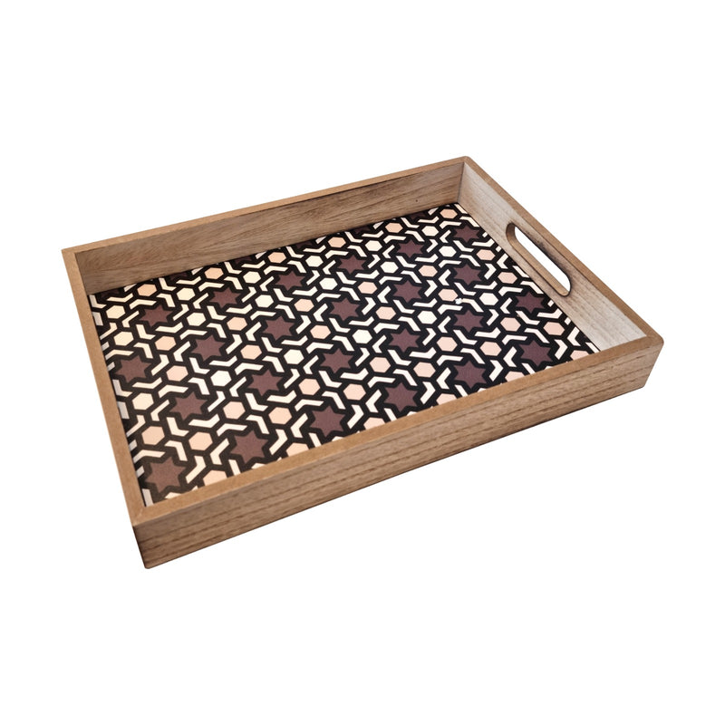 2pc Wooden Iftar Tray Set - Tea Serving Trays - Brown / Cream / White Geometric Star Pattern