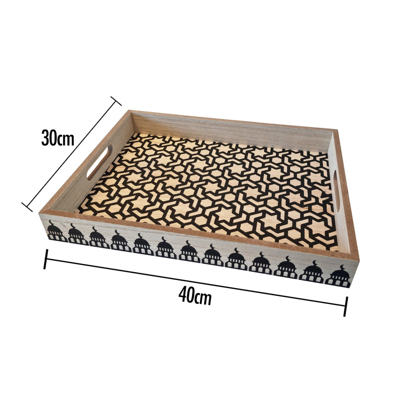 2pc Wooden Iftar Tray Set - Tea Serving Trays - Geometric Star & Mosque Silhouette