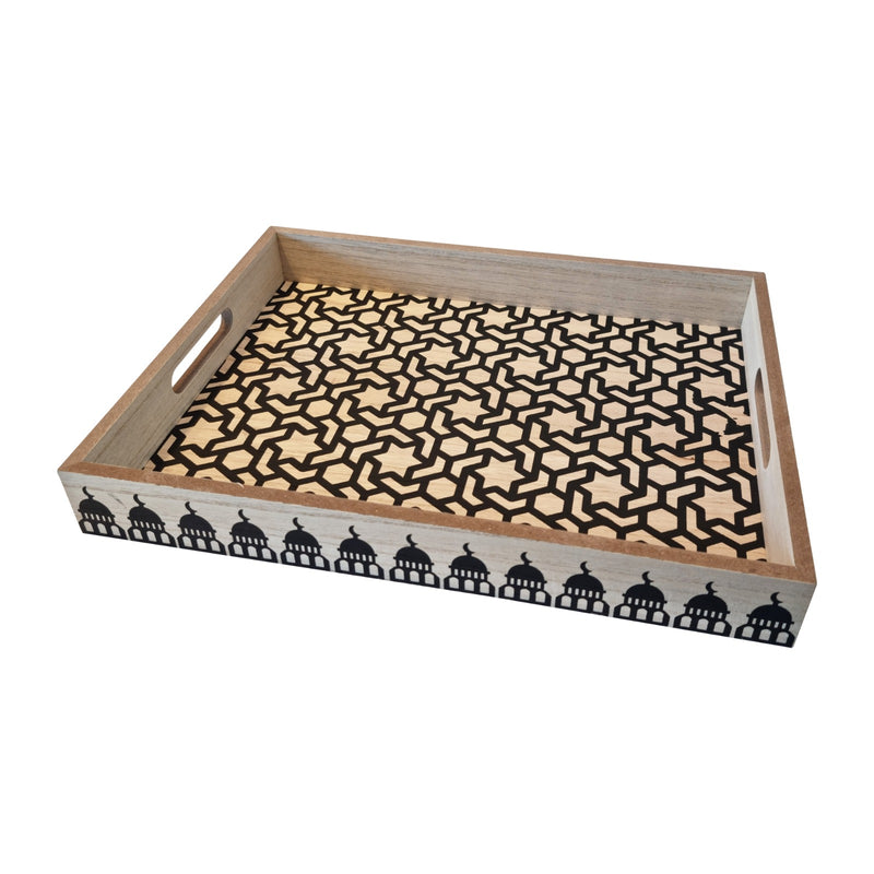 2pc Wooden Iftar Tray Set - Tea Serving Trays - Geometric Star & Mosque Silhouette